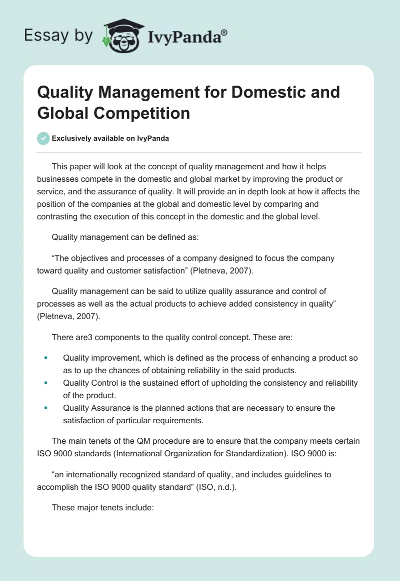 Quality Management for Domestic and Global Competition. Page 1