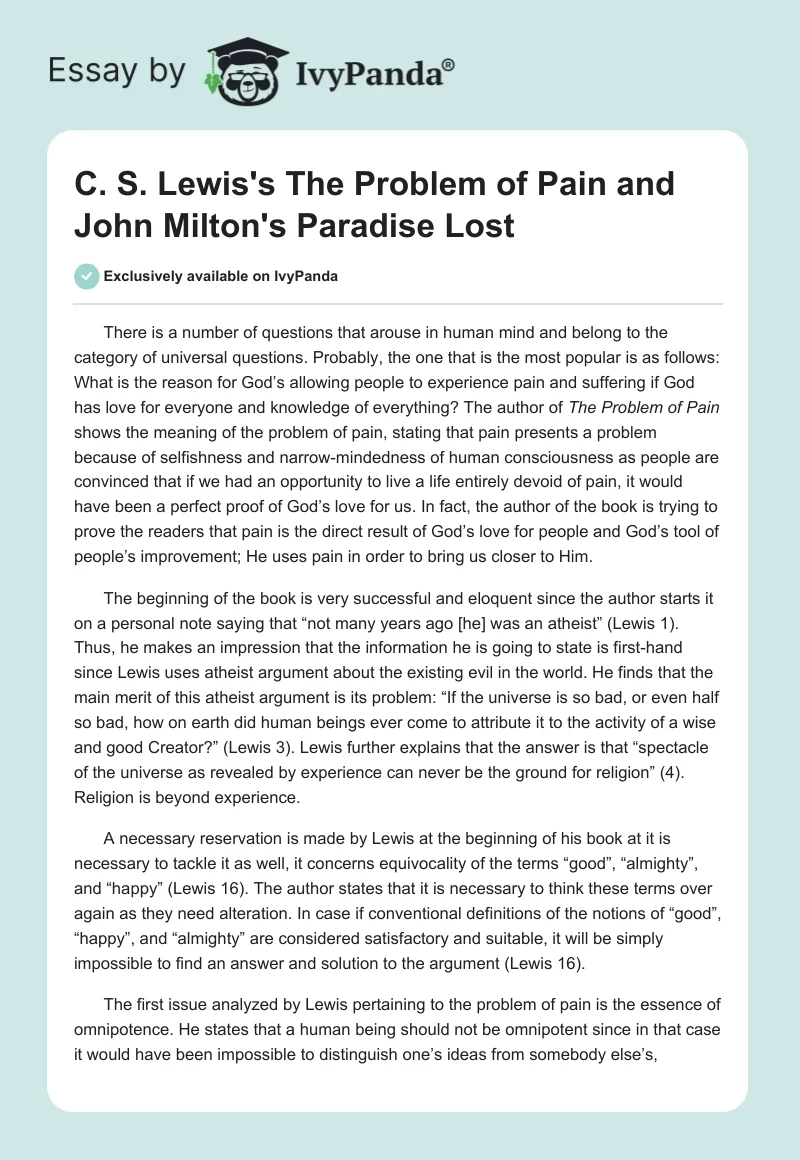 C. S. Lewis's "The Problem of Pain" and John Milton's "Paradise Lost". Page 1
