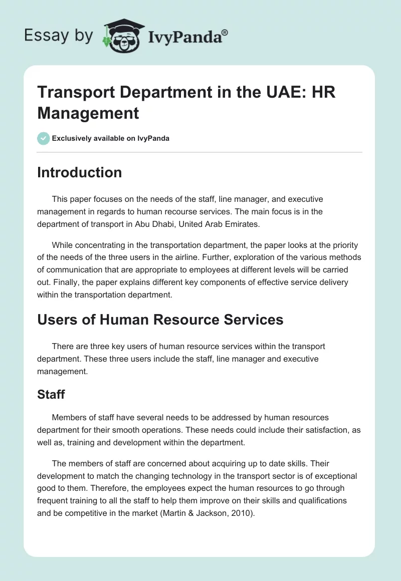 Transport Department in the UAE: HR Management. Page 1