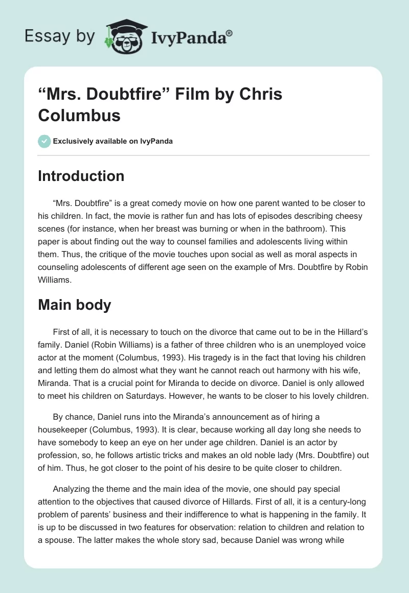 “Mrs. Doubtfire” Film by Chris Columbus. Page 1