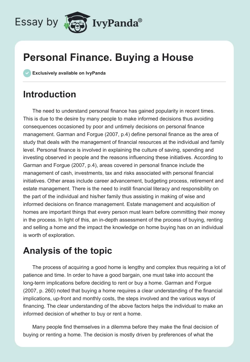 Personal Finance. Buying a House. Page 1