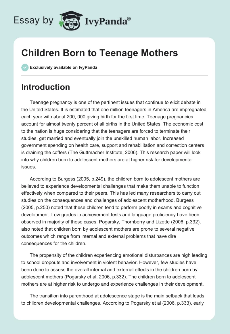 Children Born to Teenage Mothers. Page 1