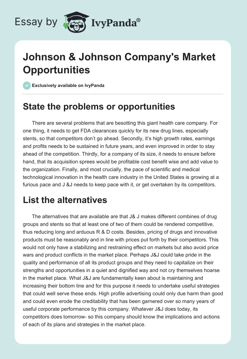 Johnson & Johnson Company's Market Opportunities. Page 1