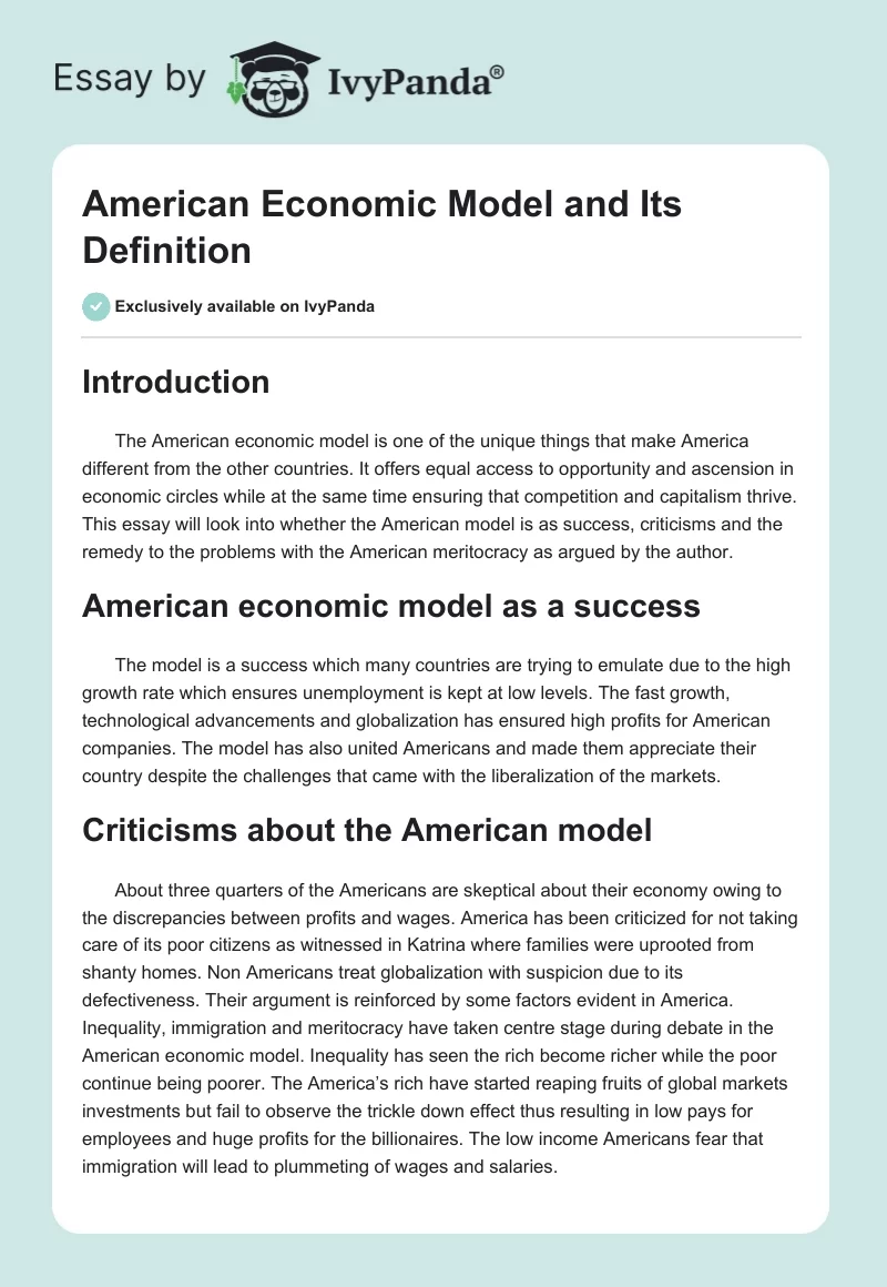 American Economic Model and Its Definition. Page 1