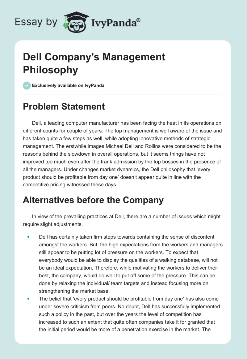 Dell Company's Management Philosophy. Page 1