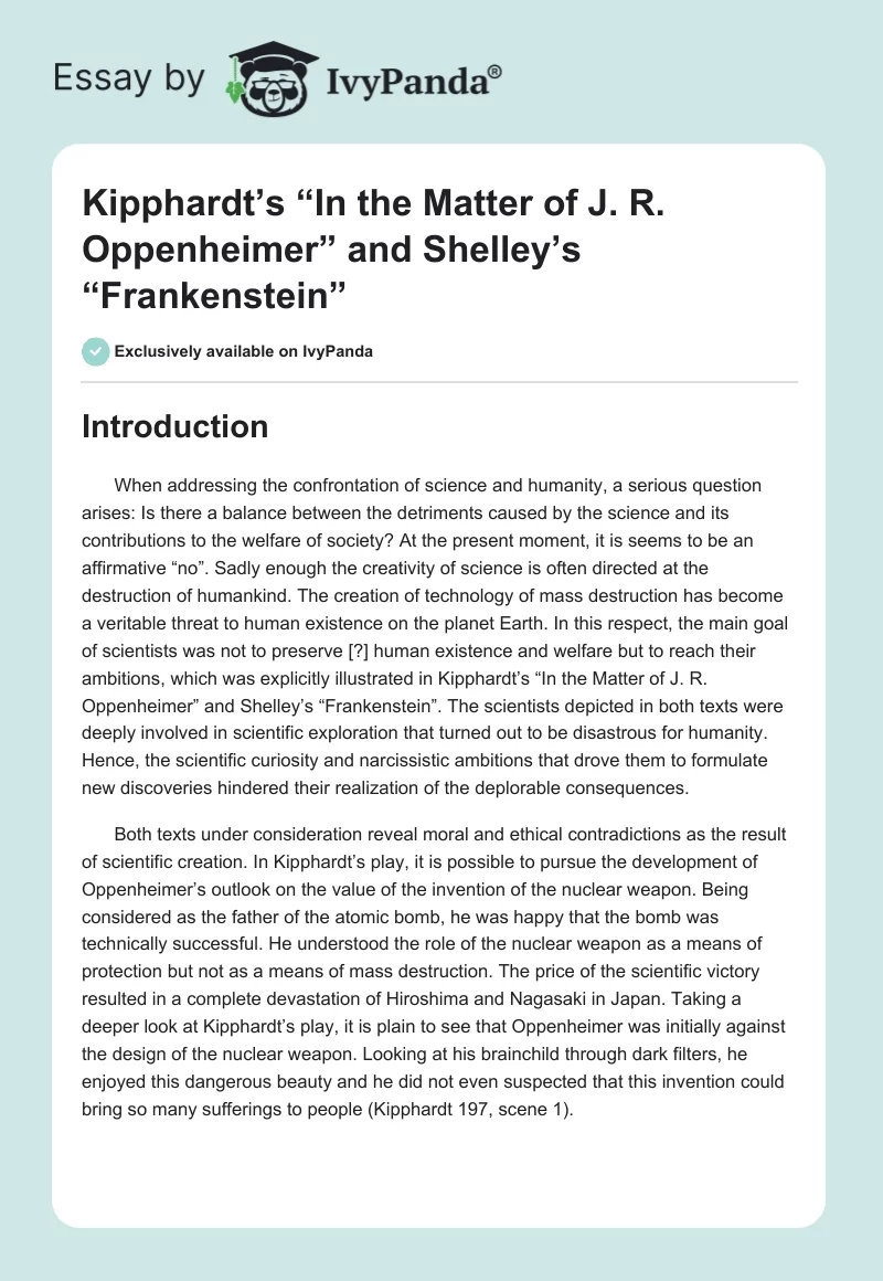 Kipphardt’s “In the Matter of J. R. Oppenheimer” and Shelley’s “Frankenstein”. Page 1