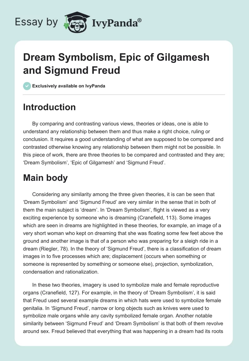 Dream Symbolism, Epic of Gilgamesh and Sigmund Freud. Page 1
