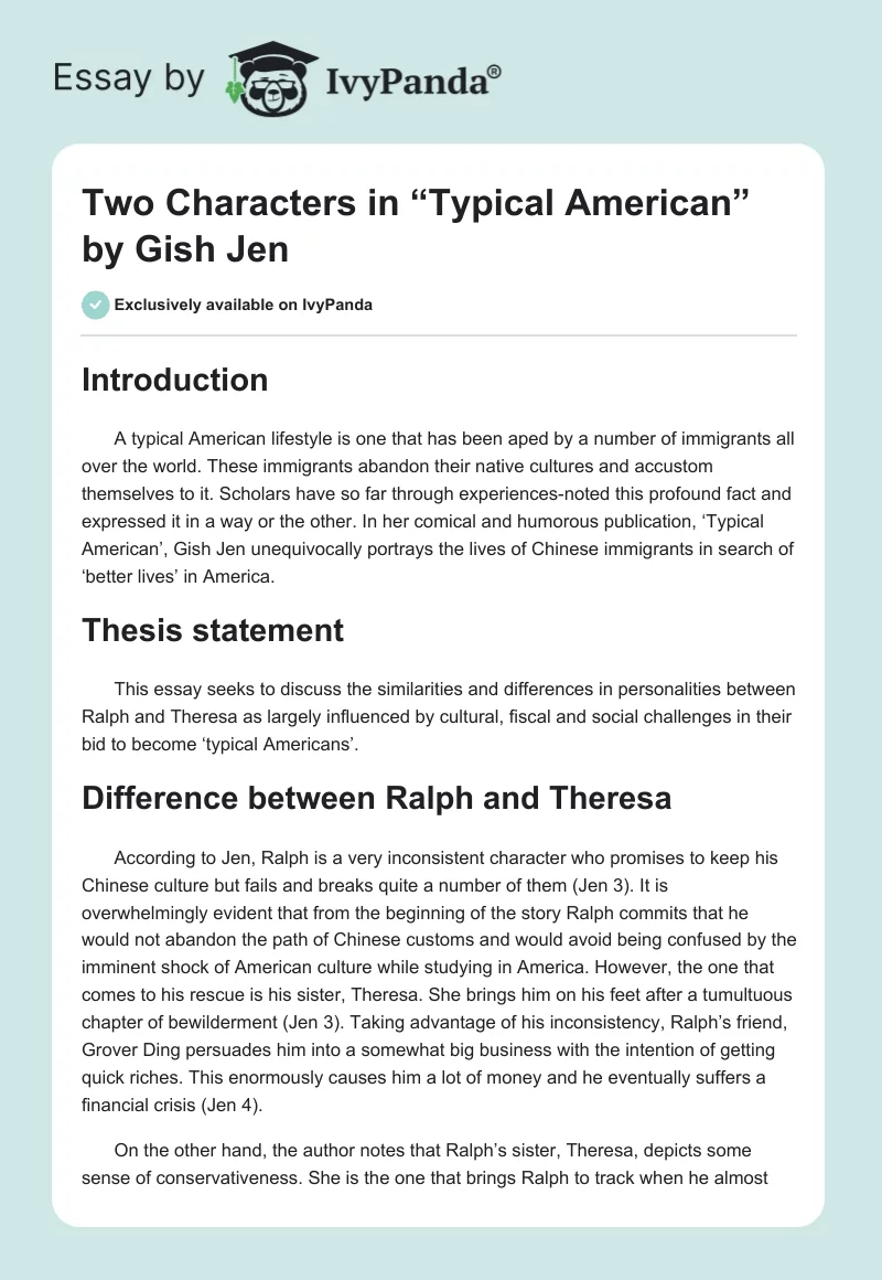 Two Characters in “Typical American” by Gish Jen. Page 1