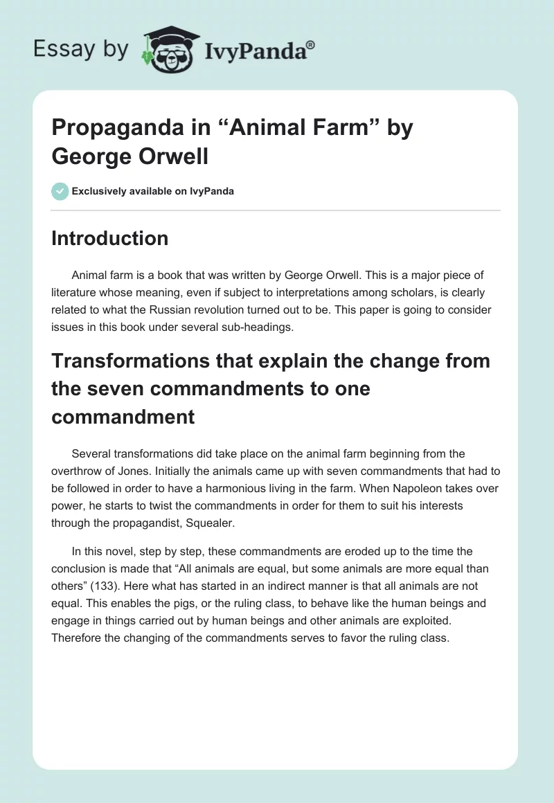 Propaganda in “Animal Farm” by George Orwell. Page 1