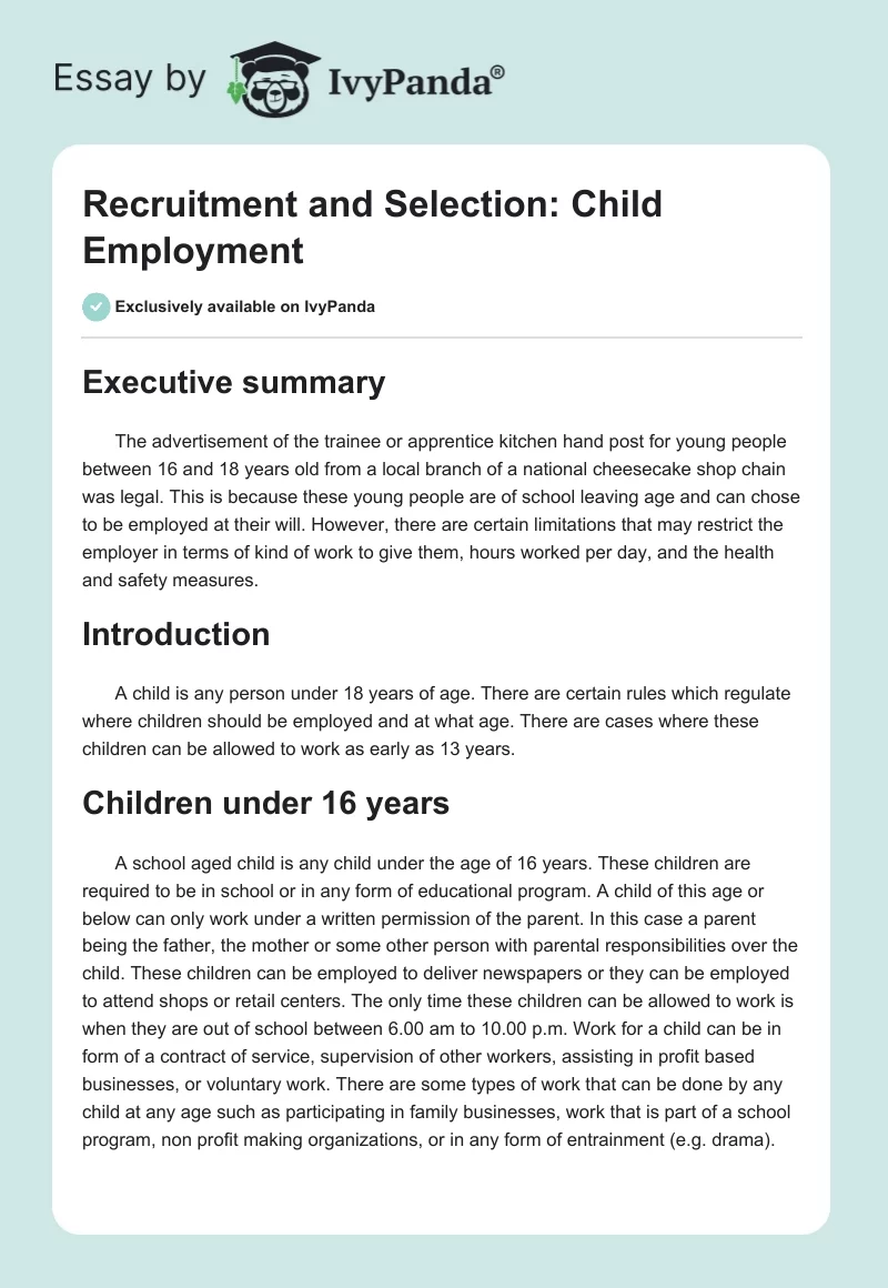 Recruitment and Selection: Child Employment. Page 1