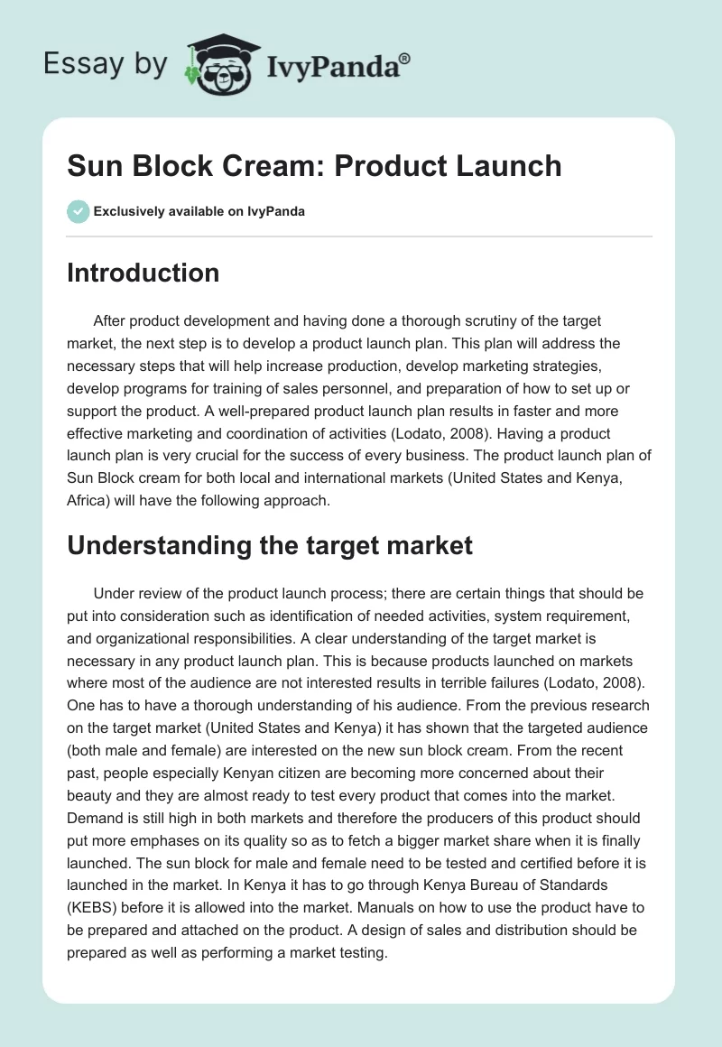 Sun Block Cream: Product Launch. Page 1