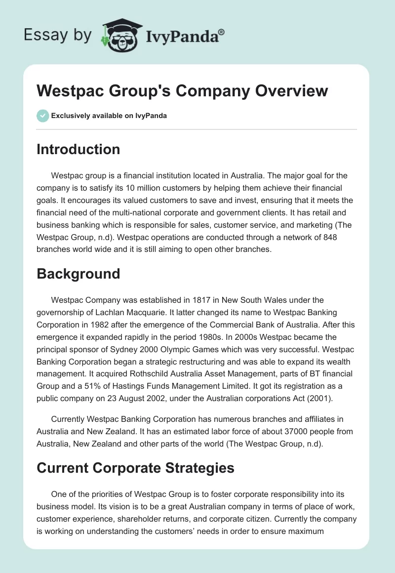 Westpac Group's Company Overview. Page 1