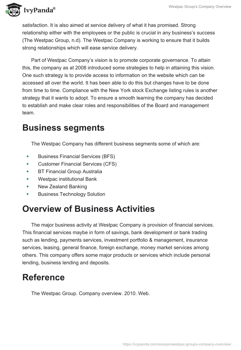 Westpac Group's Company Overview. Page 2
