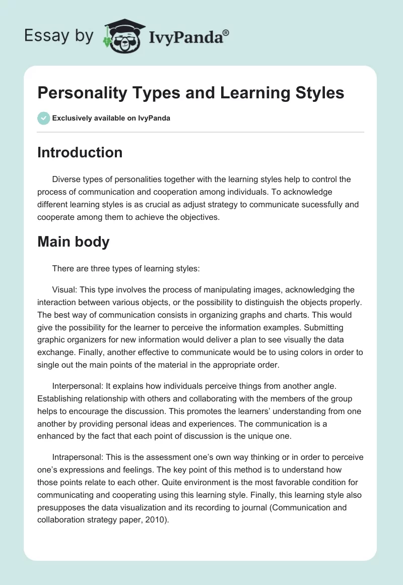 Personality Types and Learning Styles. Page 1