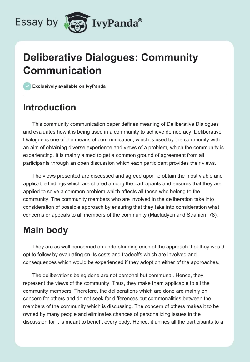 Deliberative Dialogues: Community Communication. Page 1