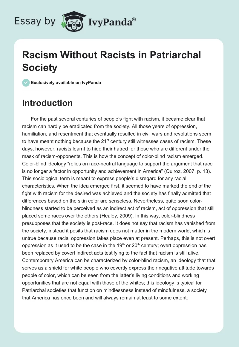 Racism Without Racists in Patriarchal Society. Page 1