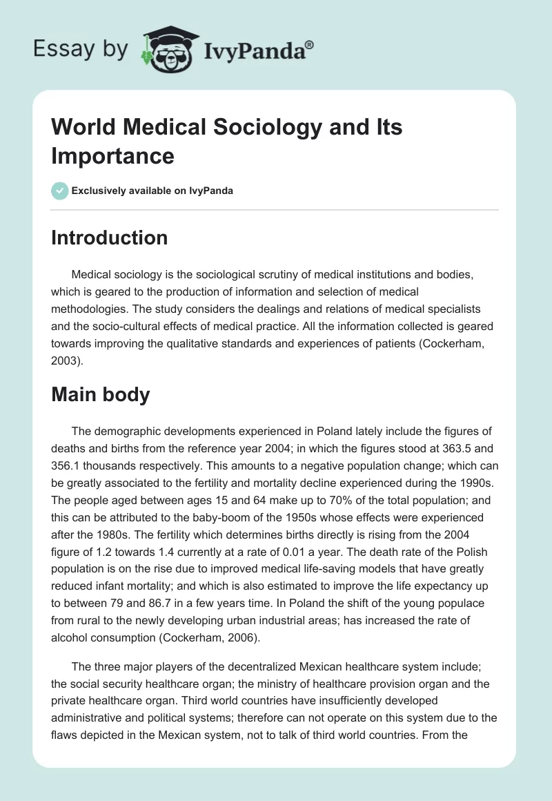 World Medical Sociology and Its Importance. Page 1