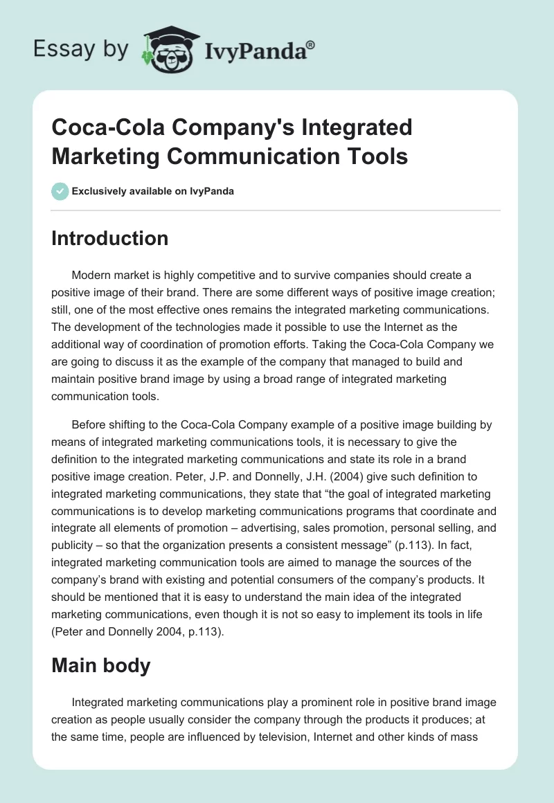 Coca-Cola Company's Integrated Marketing Communication Tools. Page 1