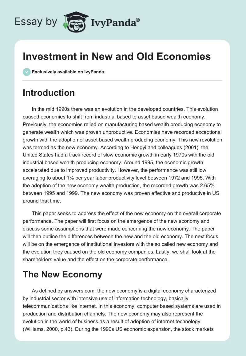 Investment in New and Old Economies. Page 1
