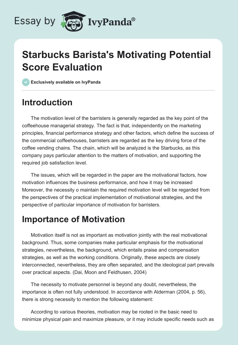 Starbucks Barista's Motivating Potential Score Evaluation. Page 1