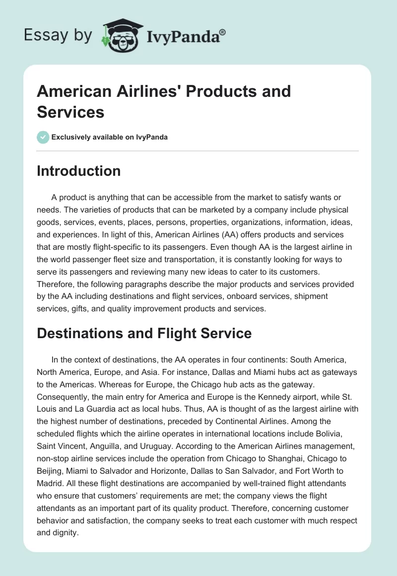 American Airlines' Products and Services. Page 1