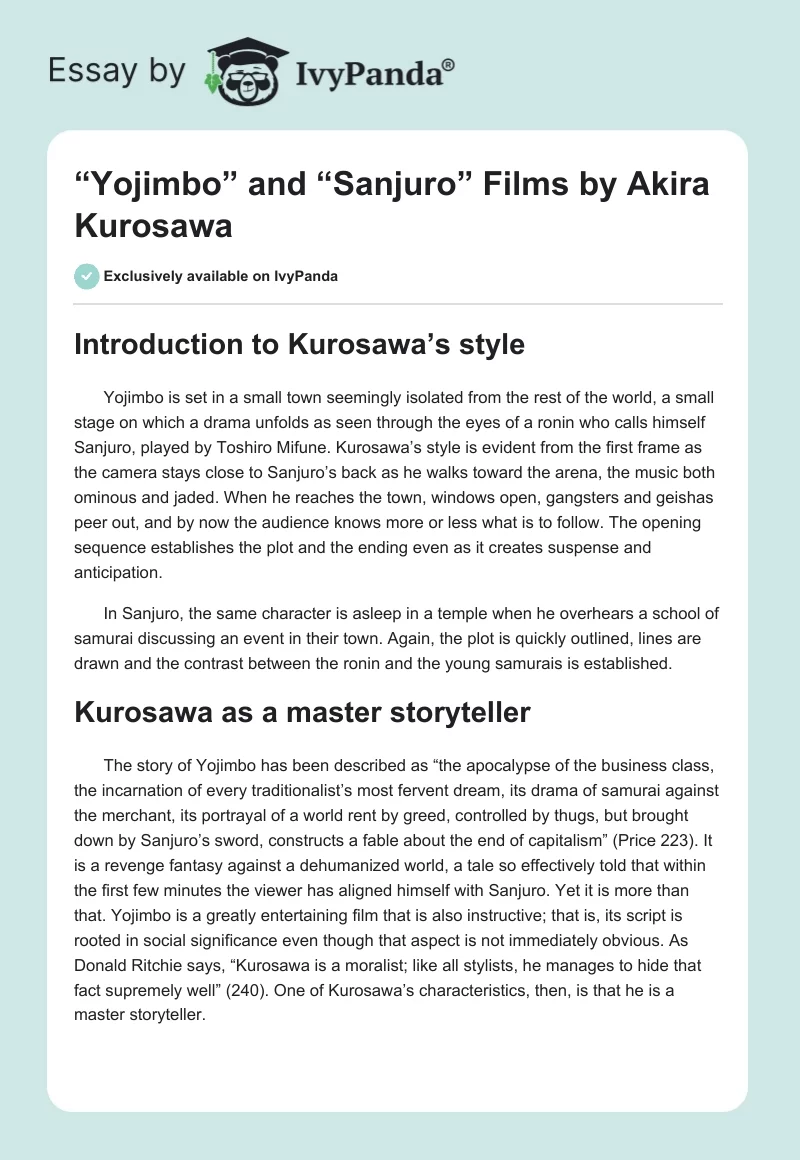 “Yojimbo” and “Sanjuro” Films by Akira Kurosawa. Page 1