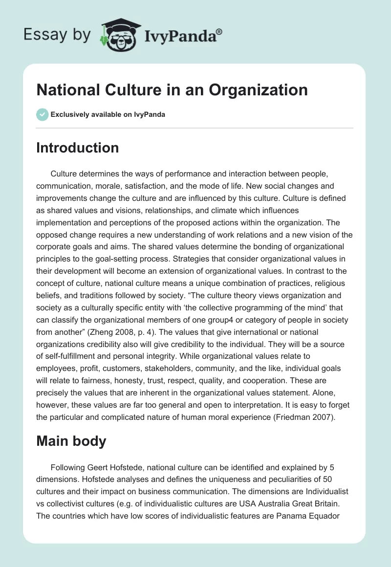 National Culture in an Organization. Page 1