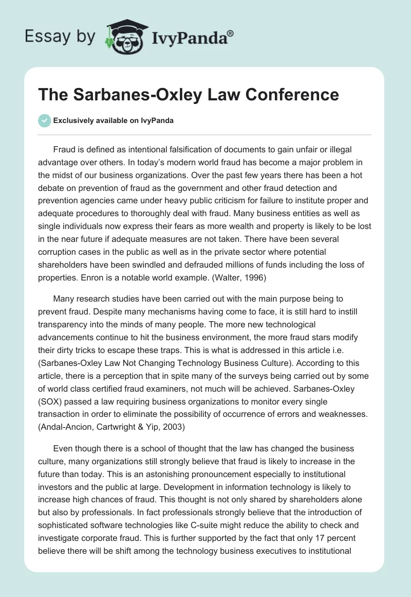 The Sarbanes-Oxley Law Conference. Page 1