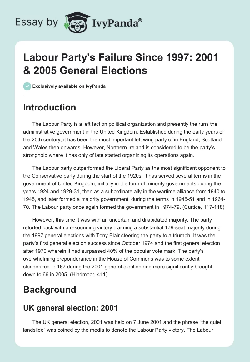 Labour Party's Failure Since 1997: 2001 & 2005 General Elections. Page 1