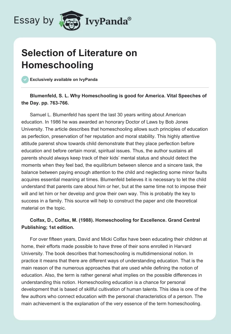 Selection of Literature on Homeschooling. Page 1
