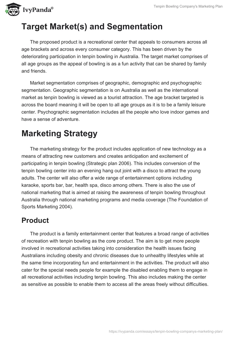 Tenpin Bowling Company's Marketing Plan. Page 4