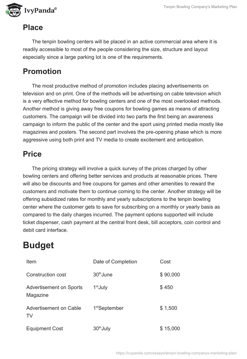 Tenpin Bowling Company's Marketing Plan. Page 5