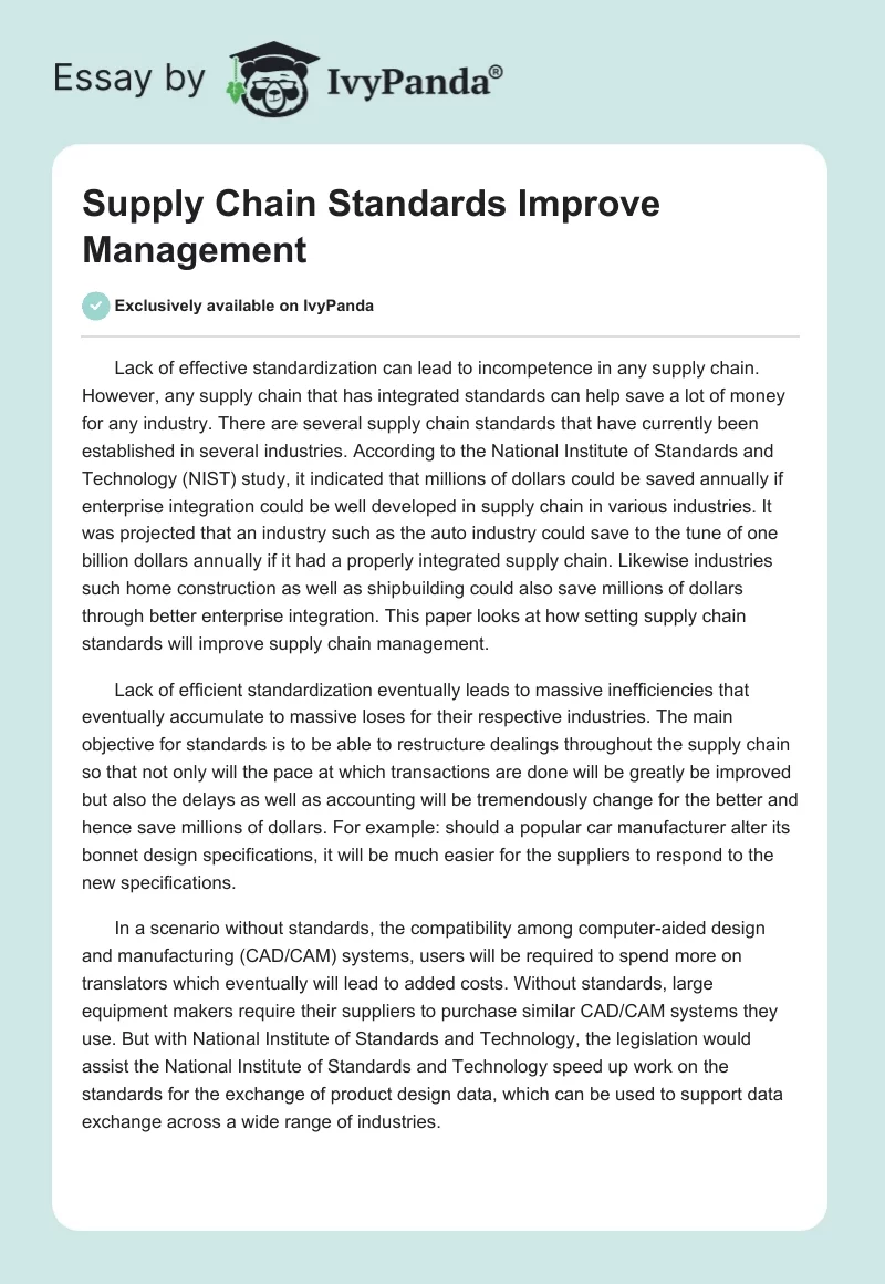 Supply Chain Standards Improve Management. Page 1