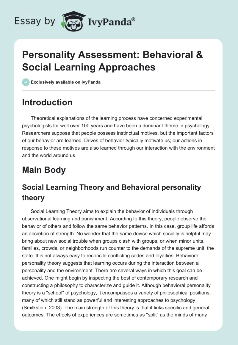 Personality Assessment: Behavioral & Social Learning Approaches. Page 1