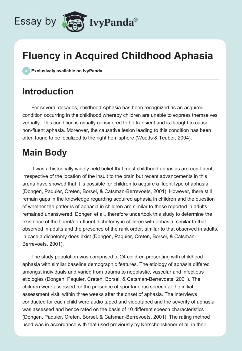Fluency in Acquired Childhood Aphasia. Page 1