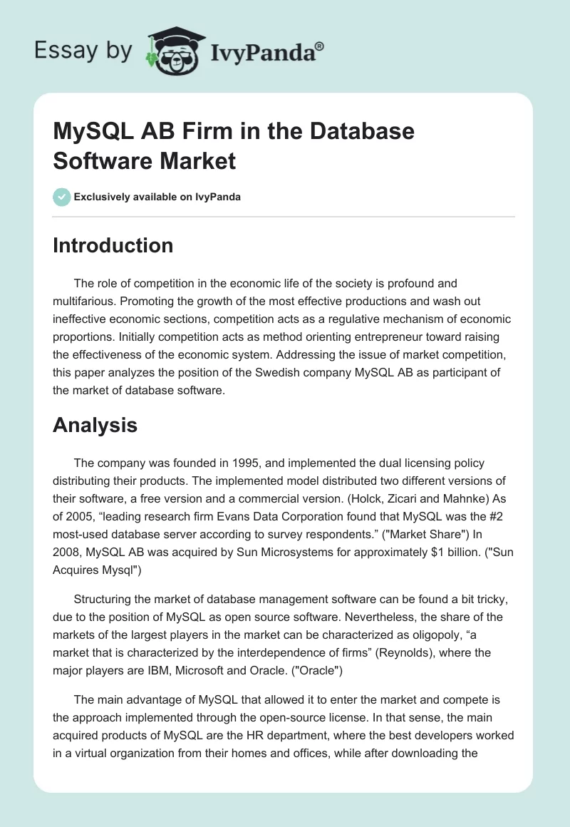 MySQL AB Firm in the Database Software Market. Page 1