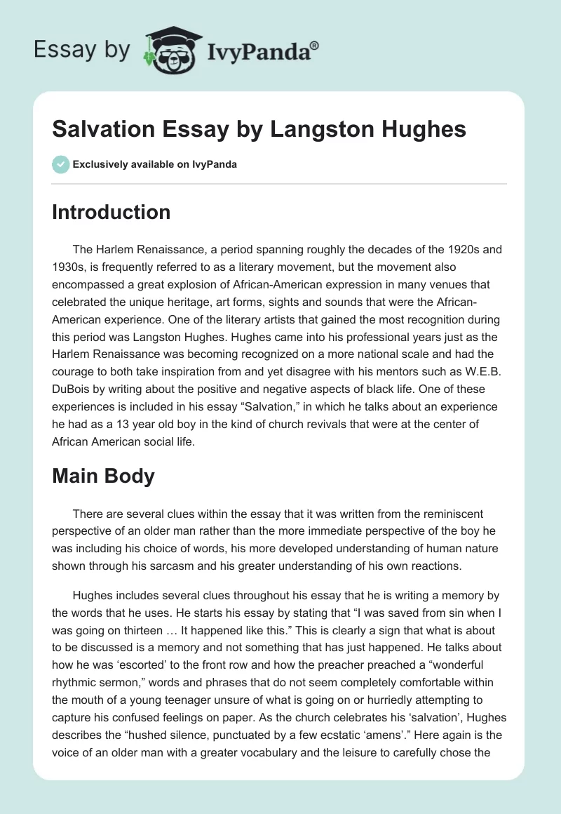 "Salvation" Essay by Langston Hughes. Page 1