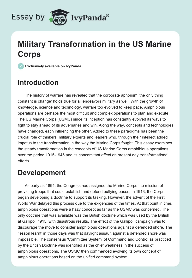 Military Transformation in the US Marine Corps. Page 1