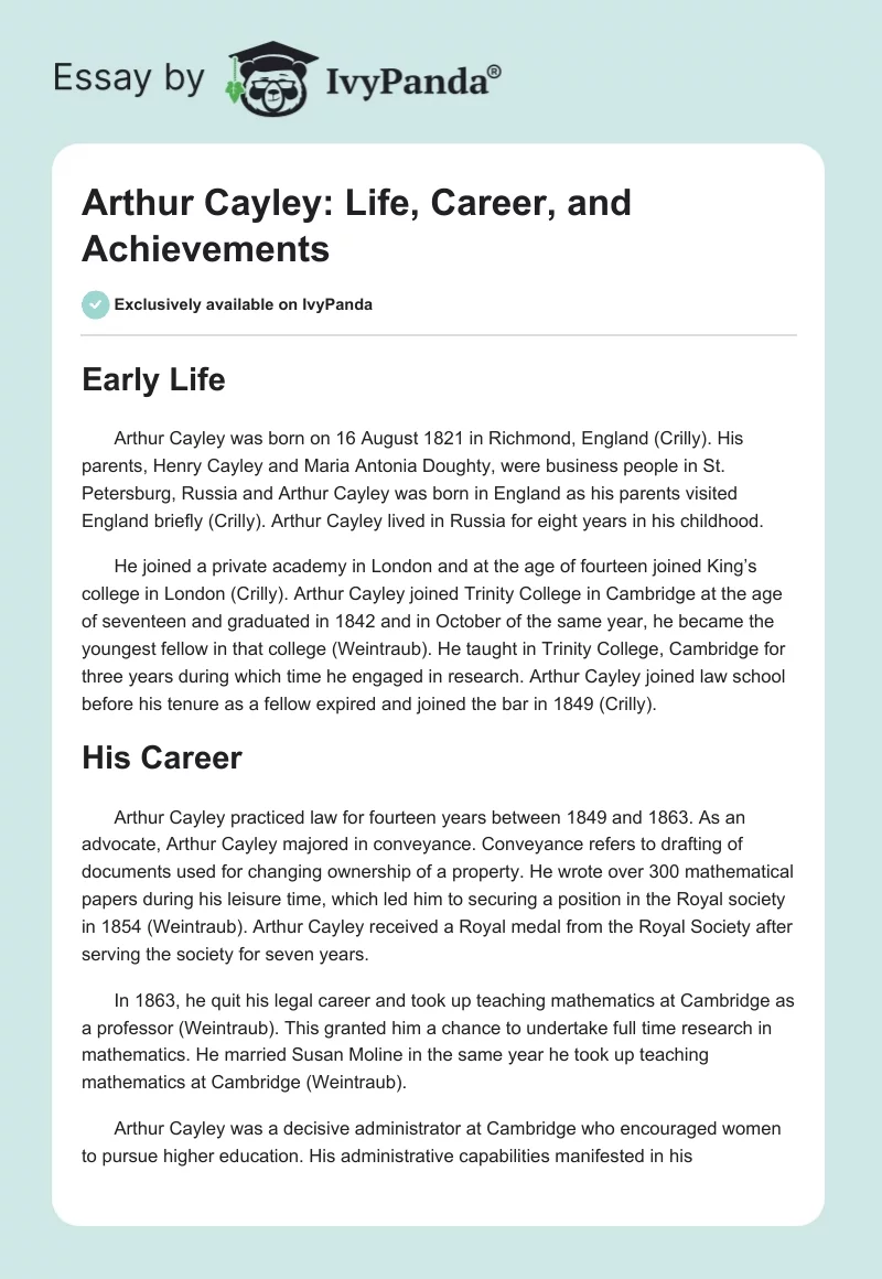 Arthur Cayley: Life, Career, and Achievements. Page 1