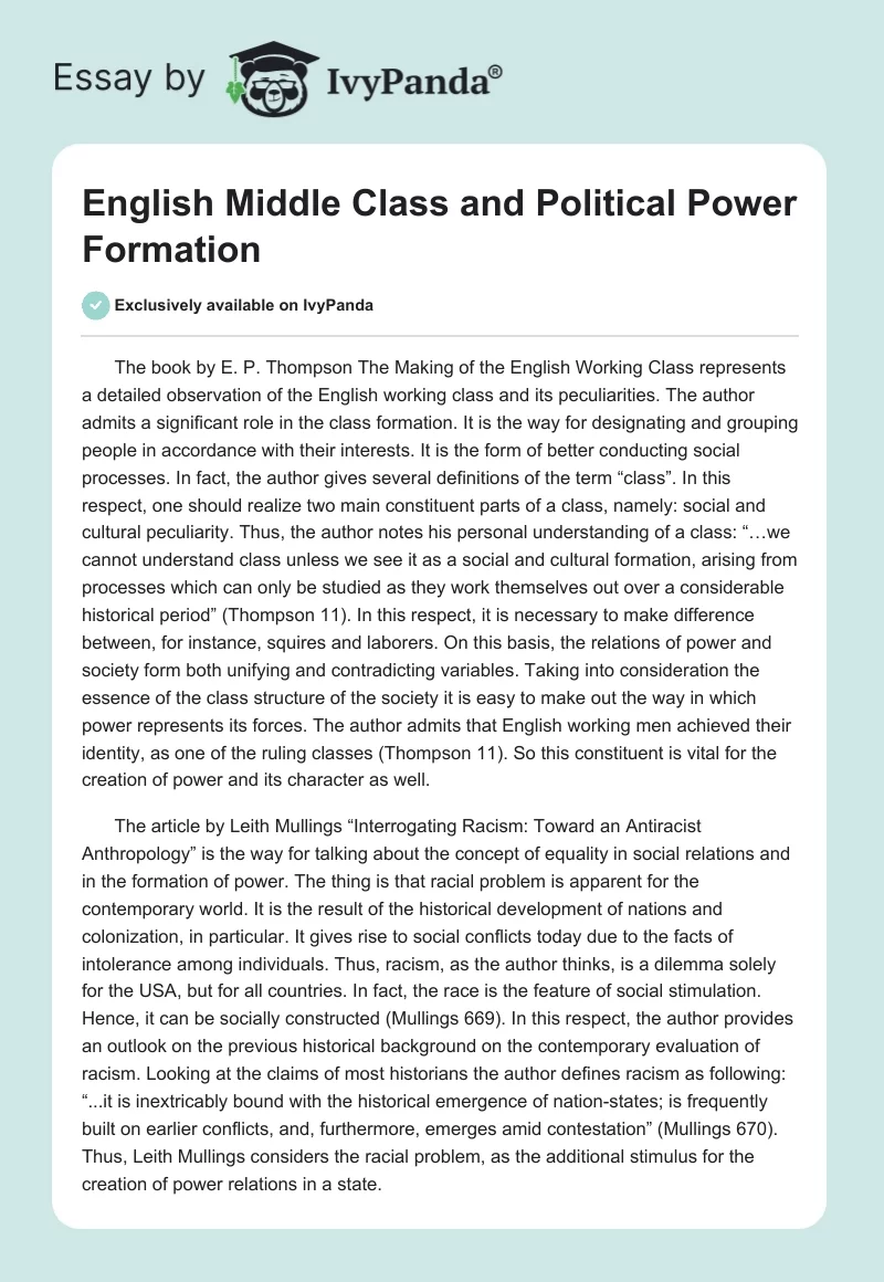 English Middle Class and Political Power Formation. Page 1