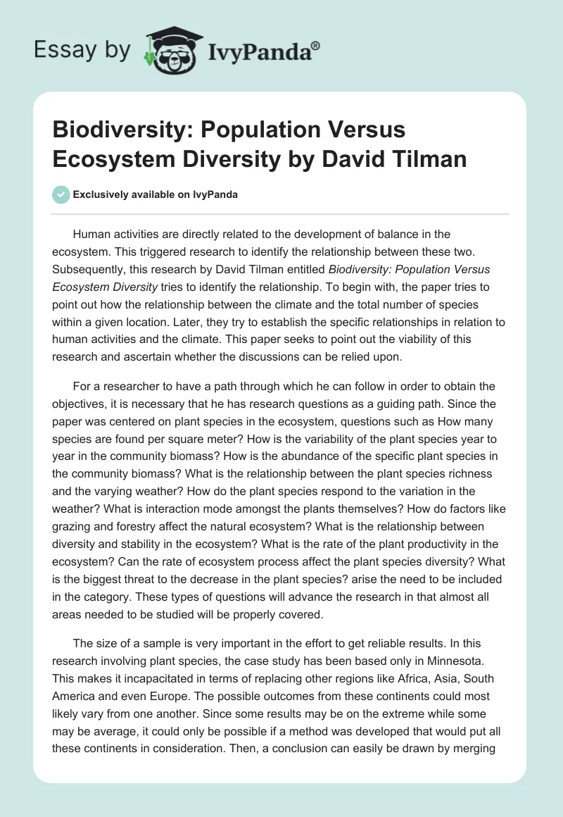 Biodiversity: Population Versus Ecosystem Diversity by David Tilman. Page 1