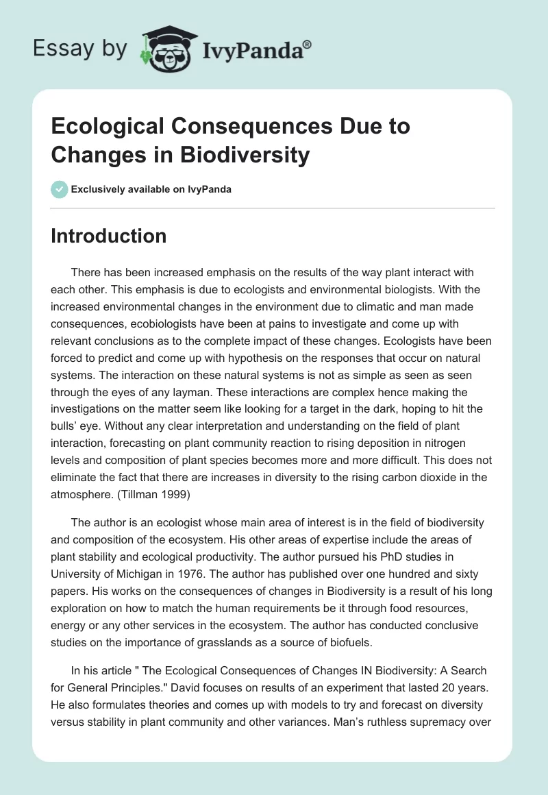 Ecological Consequences Due to Changes in Biodiversity. Page 1