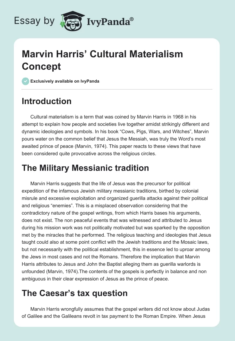 Marvin Harris’ Cultural Materialism Concept. Page 1