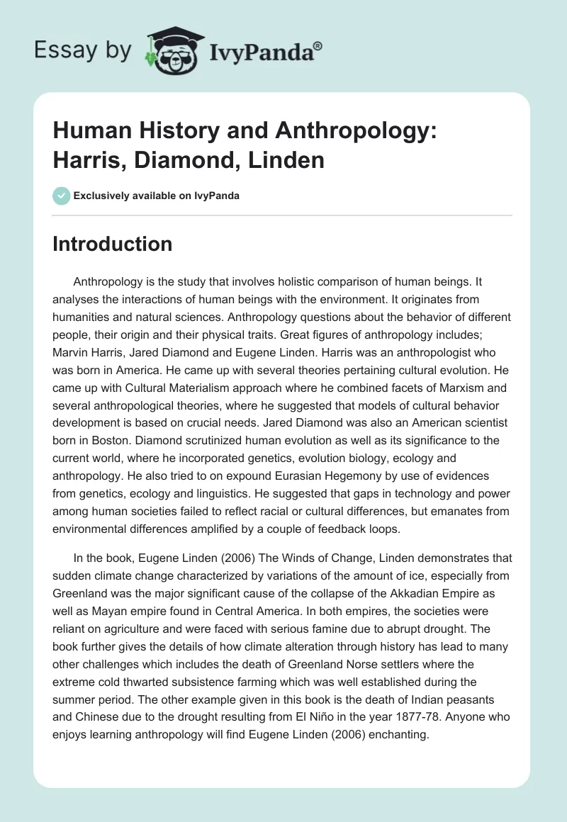 Human History and Anthropology: Harris, Diamond, Linden. Page 1