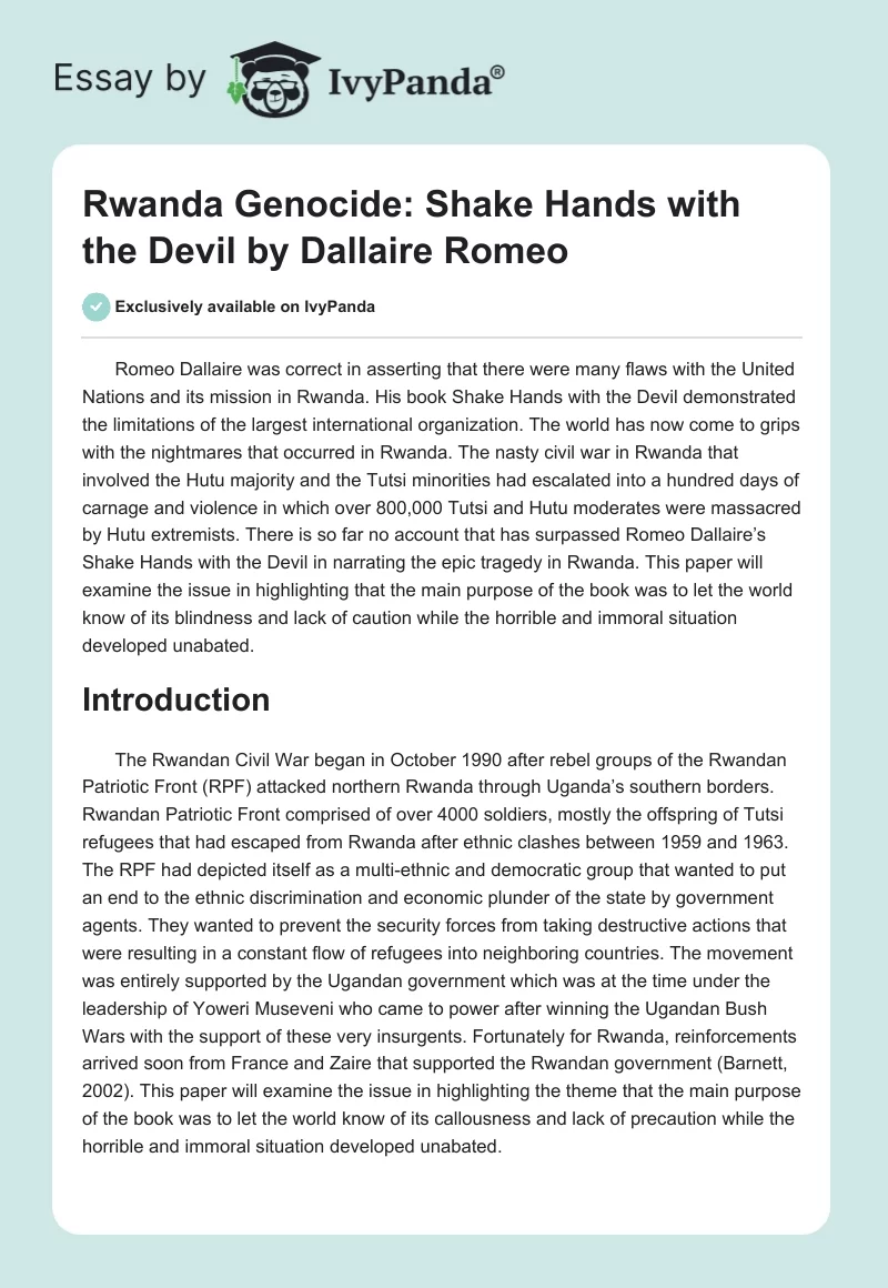 Rwanda Genocide: "Shake Hands with the Devil" by Dallaire Romeo. Page 1
