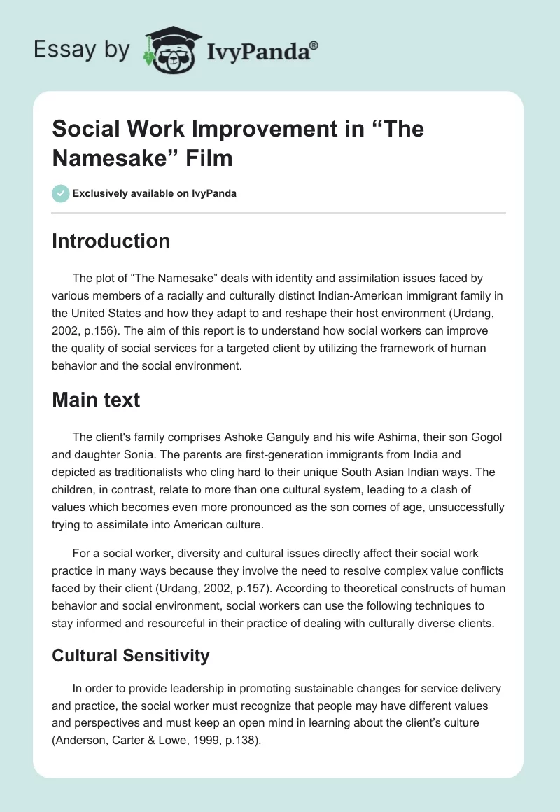 Social Work Improvement in “The Namesake” Film. Page 1