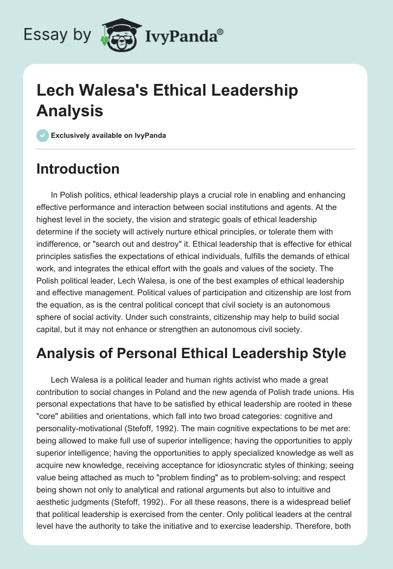 Lech Walesa's Ethical Leadership Analysis. Page 1
