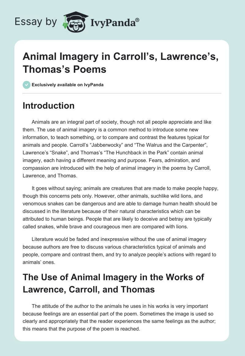 Animal Imagery in Carroll’s, Lawrence’s, Thomas’s Poems. Page 1