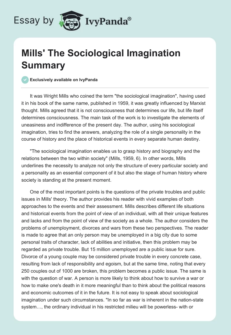 Mills' "The Sociological Imagination" Summary. Page 1