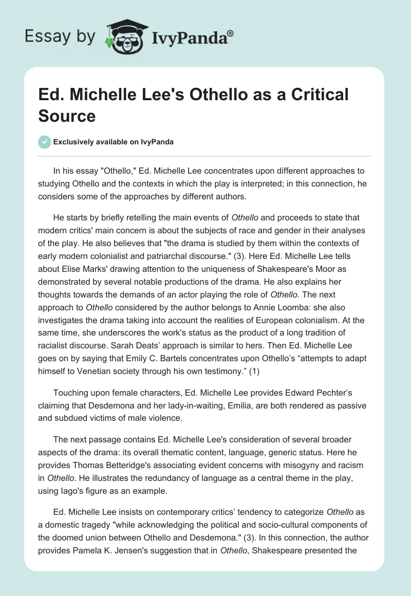 Ed. Michelle Lee's "Othello" as a Critical Source. Page 1